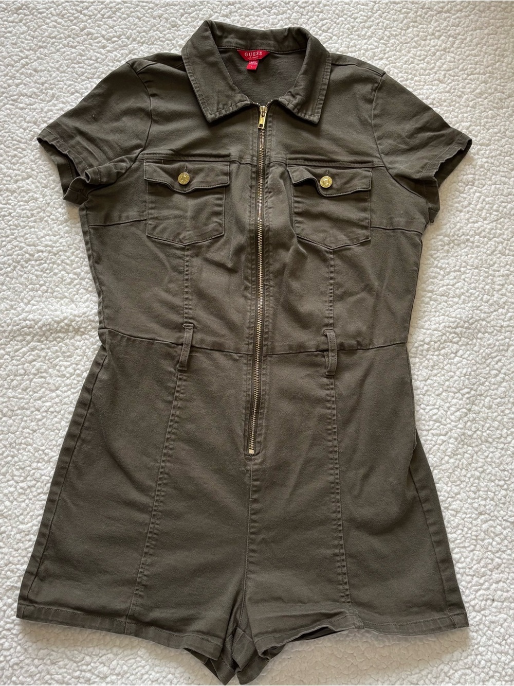 GUESS Olive Green Zip Up Utility Romper Short Sleeve Safari Gorpcore Cargo Large